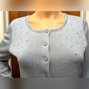Silk Blend Sparkly Blue Cardigan with Embroidered & Sequin Accents Small